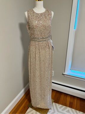 Mac Duggal Beaded Sequin Nude Champagne Maxi Gown Size 8